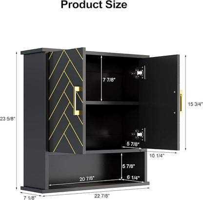 Black Chevron Pattern Bathroom Wall Cabinet, Modern Hanging Medicine Cabinet with Gold Hardware, Space-Saving Over Toilet Storage Organizer (23 5/8" x 22 7/8" x 15 3/4")