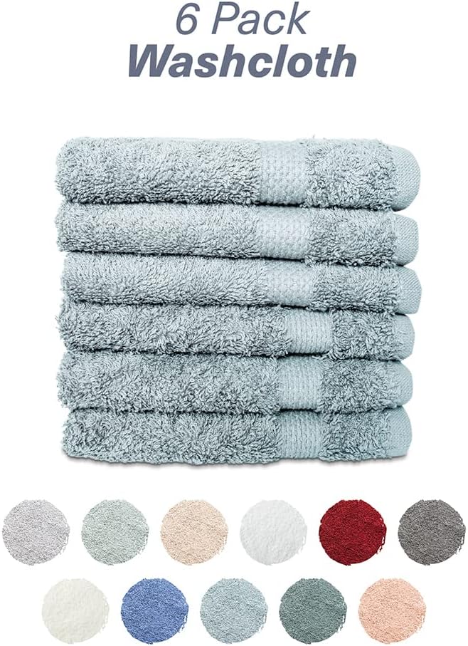 Hencely Premium 6-Pack Washcloths 12x12 Inches Soft Turkish Cotton High Absorbent and Quick Dry Dishtowel for Kitchen and Bath (Wash Cloth 6 Pack, Water Green)