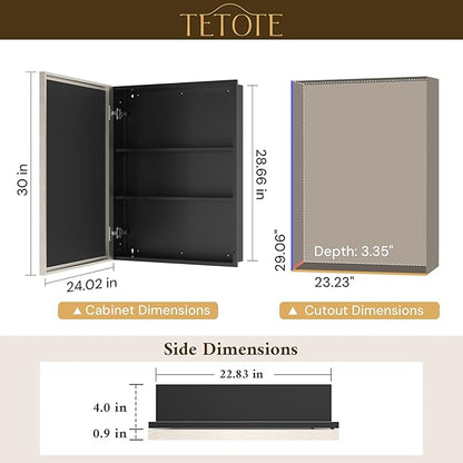 TETOTE Brushed Nickel Medicine Cabinet 24" x 30" Bathroom Mirror with Storage HD Glass Beveled Aluminum Frame Stepless Adjustable Shelves, Recessed or Wall Mount