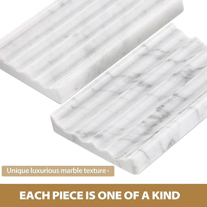 2PCS Koville Italian Natural Marble Soap Dish for Shower, Stone Soap Tray for Bathroom, Bar Soap Holder for Sink, Stripe Grooves Saver Keep Bars Dry Easy Clean (Bianco Carrara)