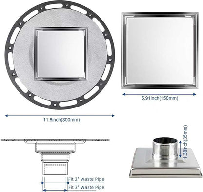 6-Inch Square Shower Drain Kit with Tiled Insert Grate, Brushed Stainless Steel Cover, PVC Bonding Flange & Hair Strainer, Fits 2" & 3" Pipes for Tiled Floors