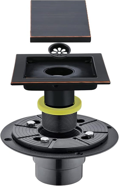RANDOM Oil Rubbed Bronze Shower Drain Square 6 inch with Adjustable PVC Base Flange,SUS304 Stainless Steel Shower Floor Drain Kit with Tile Insert Shower Drain Cover and Hair Strainer