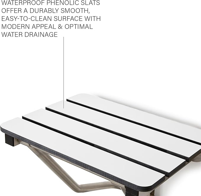 28" x 15" Phenolic White 3” Slats Folding Wall Mount Shower Seat Bench, ADA Compliant