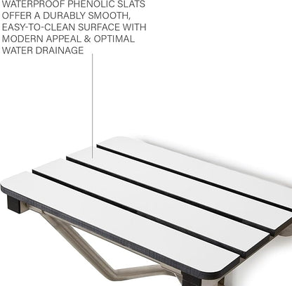 28" x 15" Phenolic White 3” Slats Folding Wall Mount Shower Seat Bench, ADA Compliant