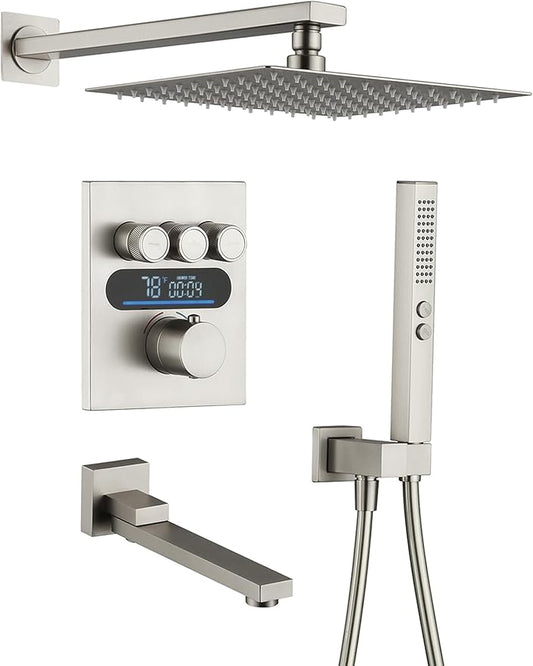 Lefton Shower System in Fahrenheit Display (Battery-free), 10” Overhead Shower Head with All-in-one Handheld Spray Showerhead and Bathtub Faucet, 4-in-1 Control System, SSWM2502 (Brushed Nickel)