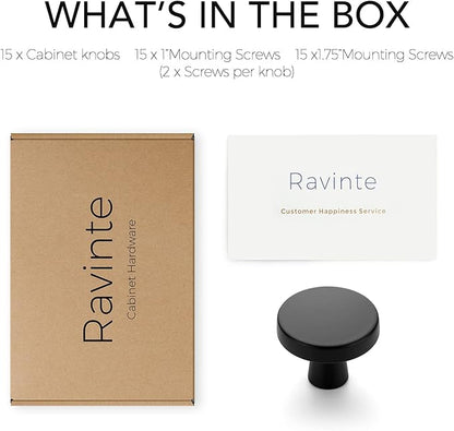 Ravinte 15 Pack Drawer Pulls 1-1/4 Inch Matte Black Kitchen Cabinet Knobs Solid Round Dresser Handles for Simple Cupboard Hardware