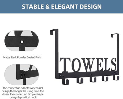 Over The Door Hooks, Towel Rack for Bathroom Towel Holder for Hanging Heavy Duty,Towel Hanger with 5 Hooks for Bedroom Bathroom Kitchen, Black