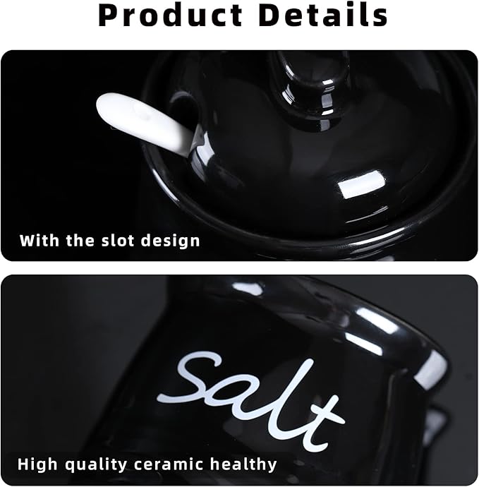 ONTUBE Ceramic Salt Bowl with Lid and Spoon 12oz (Black)