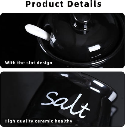 ONTUBE Ceramic Salt Bowl with Lid and Spoon 12oz (Black)