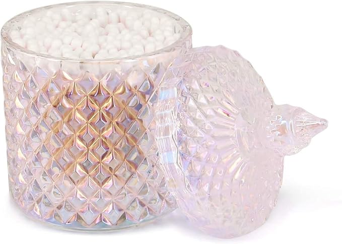 Colorful Home Decorative Jar Qtips Holder Dispenser Glass Storage Container Bathroom Counter Vanity Organizer for Bath Salts/Swabs/Rounds Makeup Sponges Toothpick Jewelry(Sparkling, 20 oz)