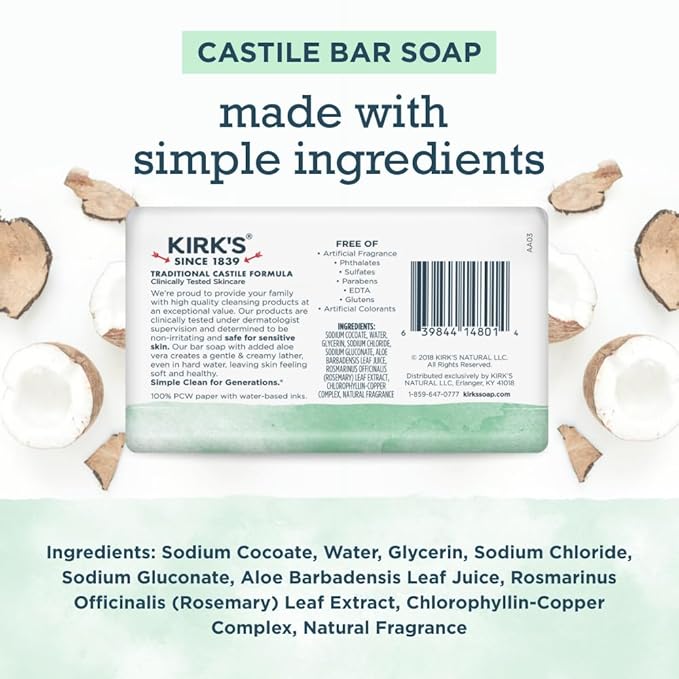 Kirk's Castile Bar Soap for Men, Women & Children - Made with Premium Coconut Oil, Sensitive Skin Formula, Vegan, Non GMO, Aloe Vera, 4 oz. Bars 6 Pack