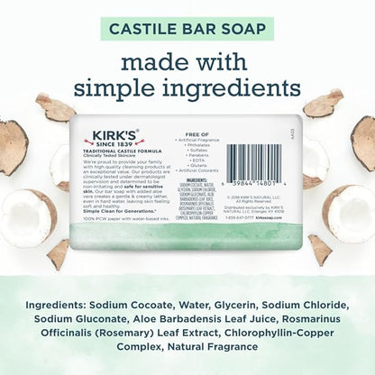 Kirk's Castile Bar Soap for Men, Women & Children - Made with Premium Coconut Oil, Sensitive Skin Formula, Vegan, Non GMO, Aloe Vera, 4 oz. Bars 6 Pack