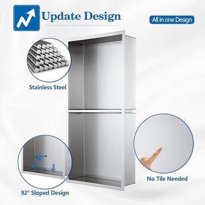 12" x 24" Shower Niche No Tile Needed, 304 Stainless Steel Shower Wall Niche, Recessed Shower Shelf for Shower or Bathroom Storage, Brushed