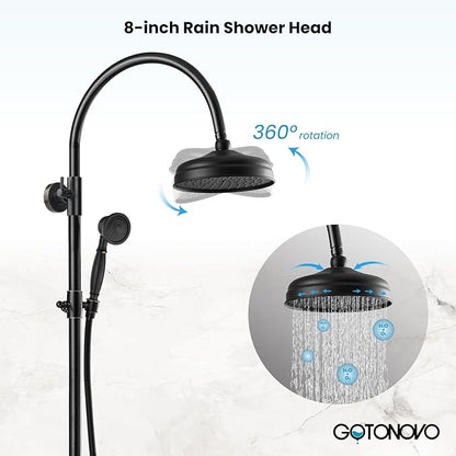 gotonovo Exposed Bathroom Shower System Classic Shower Kit 8 Inch Luxurious Rainfall Shower Head Handheld Spray Tub Filler Brass Pipe 3-Function Wall Mount Double Cross Knobs Oil Rubbed Bronze