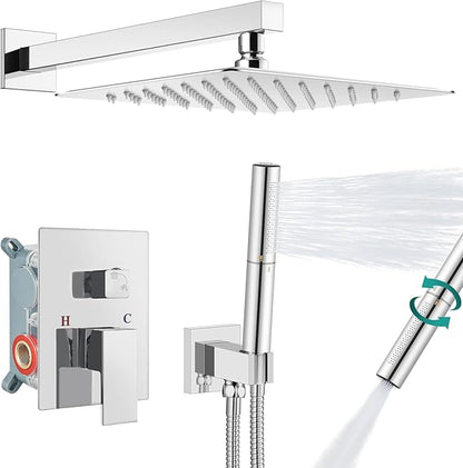Aolemi Shower Faucet Set, High Pressure Shower System with 2-in-1 Handheld Sprayer, Wall Mount Fixture Combo with Rough-in Valve, 12 Inch Shower Head, Polish Chrome