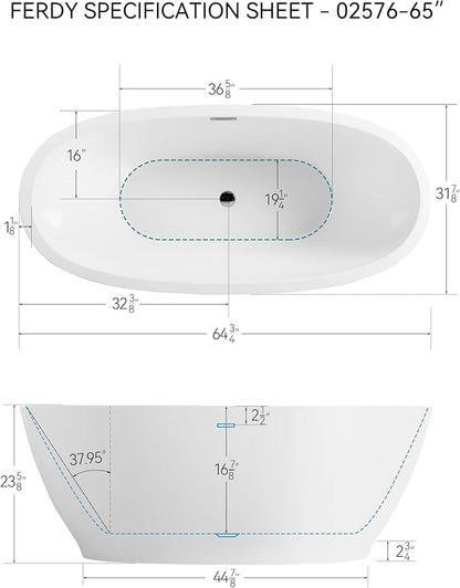 FerdY Koh Samui 65" Acrylic Freestanding Bathtub, Oval Contemporary Soaking Bathtub, Glossy White, cUPC Certified, Toe-Tap Chrome Drain & Overflow Assembly Included