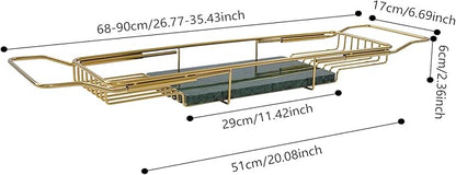 Bathtub Tray Caddy for Luxury Bath, Stainless Steel 26.8-35.4 in Expandable Extra Wide Bath Tub Tray with Natural Marble and Mobile/Tablet Stand, Ideal for Home Spa Lovers (Gold + Green)