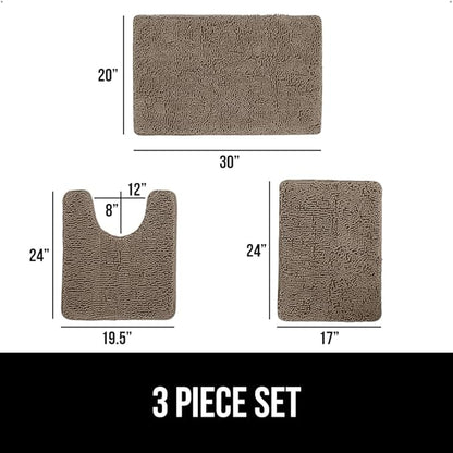 GORILLA GRIP Bathroom Rug Sets 3 Piece, Bath Mat Set and Oval Toilet Base with Rubber Backing, Plush Absorbent Shaggy Chenille Washable Mats, Includes 24x19.5, 24x17 and 30x20 Inch Rugs, Gray Beige
