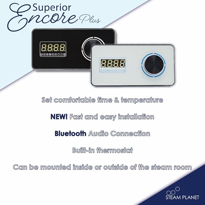Superior Encore Plus 9 kW Steam Shower Generator Kit with Horizontal White Keypad & Aromatherapy Oils Set |Self-Draining Steam Generator|One-click Connection Cord|Bluetooth Audio|