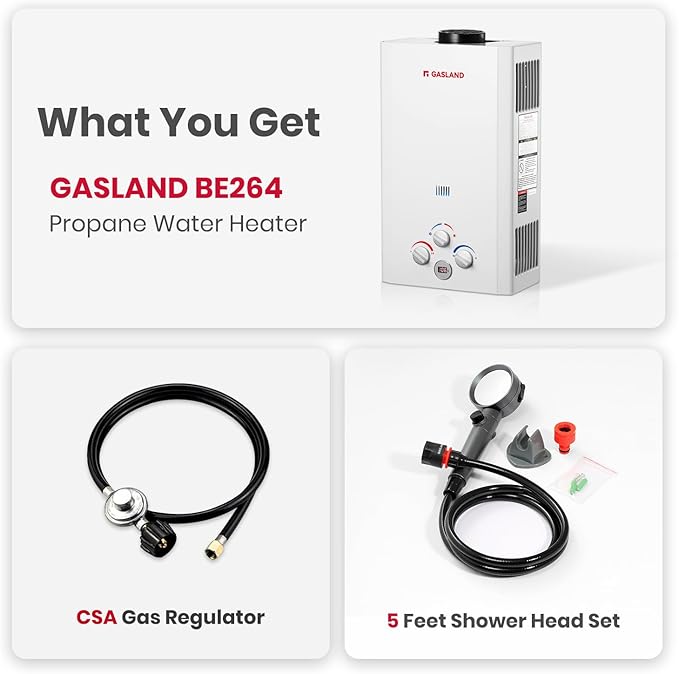 GASLAND BE264 Tankless Water Heater Propane 10L, 2.64GPM Outdoor Propane Shower for Camping & Off Grid, 68,000BTU, Digital Display, Overheating Protection, Easy Installation