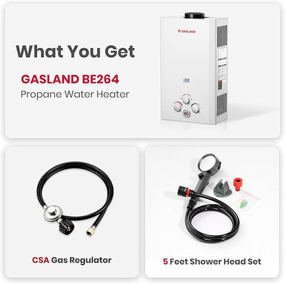 GASLAND BE264 Tankless Water Heater Propane 10L, 2.64GPM Outdoor Propane Shower for Camping & Off Grid, 68,000BTU, Digital Display, Overheating Protection, Easy Installation