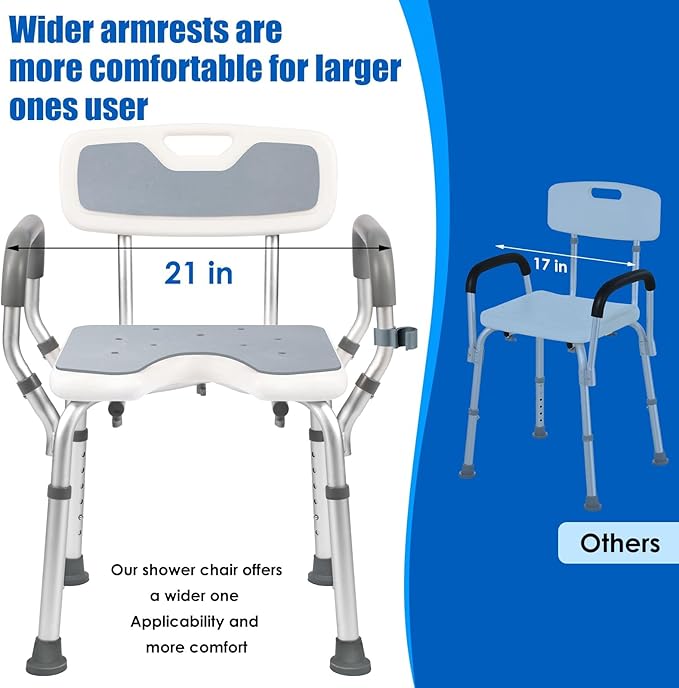 Shower Chair with Arms and Back Heavy Duty 330lbs, Shower Seat for Inside Shower with Shower Head Holder, Shower Bathroom Chair with Cutout Seat & Cold-Proof Pads, Tools-Free Assembly