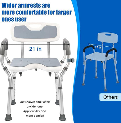 Shower Chair with Arms and Back Heavy Duty 330lbs, Shower Seat for Inside Shower with Shower Head Holder, Shower Bathroom Chair with Cutout Seat & Cold-Proof Pads, Tools-Free Assembly