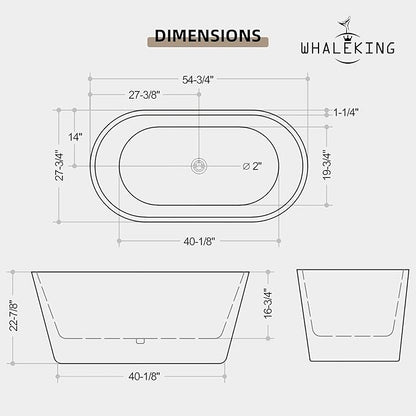 55 inch Freestanding Bathtub, Modern Soaking Stand Alone Bathtubs, Free Standing Acrylic Tub with Center Drain & Overflow, Glossy White