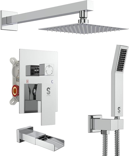 SR SUN RISE 8 Inches Wall Mounted Bathtub Shower Faucet Set All Metal Shower System with Tub Spout, Rain Shower Head and Handheld Sprayer Combo Shower Set, Modern Valve and Trim Kit, Polished Chrome