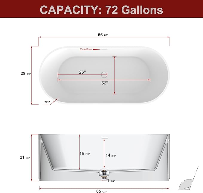 67" Freestanding Solid Surface Bathtub, Luxury Engineered Stone Resin Freestanding Soaking Bathtub with Overflow and Pop-up Drain cUPC Certified, Matte White