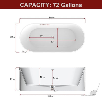 67" Freestanding Solid Surface Bathtub, Luxury Engineered Stone Resin Freestanding Soaking Bathtub with Overflow and Pop-up Drain cUPC Certified, Matte White
