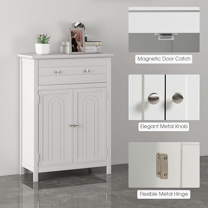 LOKO Bathroom Floor Cabinet, Kitchen Storage Cabinet with 1 Drawer, 2 Doors & 3-Position Adjustable Shelf, 2-Door Floor Storage Cabinet for Bathroom, Living Room, Entryway (White)