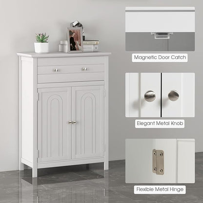 LOKO Bathroom Floor Cabinet, Kitchen Storage Cabinet with 1 Drawer, 2 Doors & 3-Position Adjustable Shelf, 2-Door Floor Storage Cabinet for Bathroom, Living Room, Entryway (White)