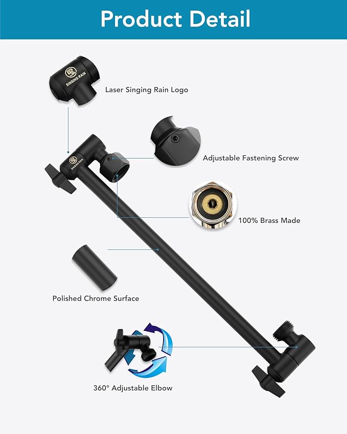 11 Inch Adjustable Shower Head Extension Arm With Locking Set Screw, Singing Rain Brass Matt Black Angle Height Adjustable, Easy To Install, G1/2 Universal Connector Compatible (Matt Black)