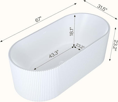 67 Inch Acrylic Freestanding Bathtub with Textured Stripes, Deep Soak Tub, Space-Saving, Glossy Surface, Luxury Spa Design for Modern Bathrooms