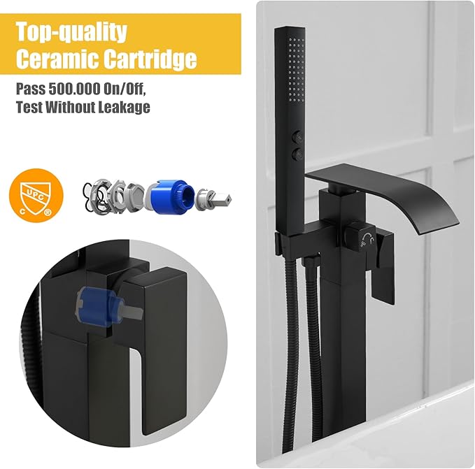 BESy Tub Filler Freestanding Bathtub Faucet Matte Black Floor Mount Tub Faucet Waterfall Free Standing Bathtub Filler High Flow Brass Bath Shower Faucets with Handheld Sprayer