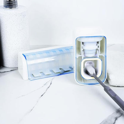 5 Slots Wall Mount Toothbrush Holder with Cover, Self Adhesive Toothbrush Storage Organizer for Shower, Toothbrush Hanger with Automatic Toothpaste Squeezer Dispenser(White + Blue)