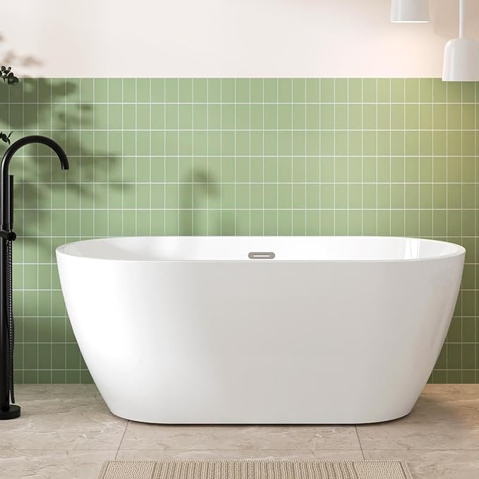FerdY 59" Bali Elite Acrylic Freestanding Bathtub, Gracefully Shaped Freestanding Soaking Bathtub, Toe-Tap Chrome Drain and Minimalist Linear Design Overflow Included, cUPC Certified