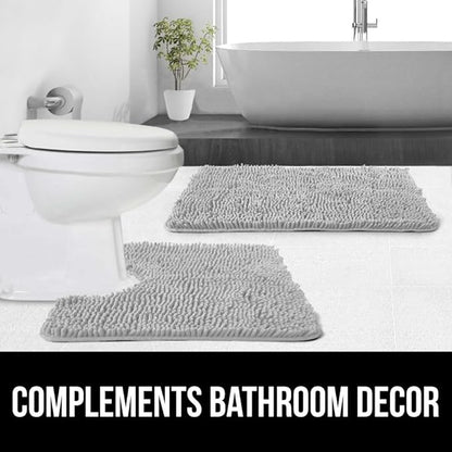 GORILLA GRIP Plush Absorbent Shaggy Chenille Bath Rug Mat for Square Toilet Base with Rubber Backing, Machine Washable Rugs, Soft Microfiber Contour Mats for Toilets, Bathroom Decor, Lt Gray