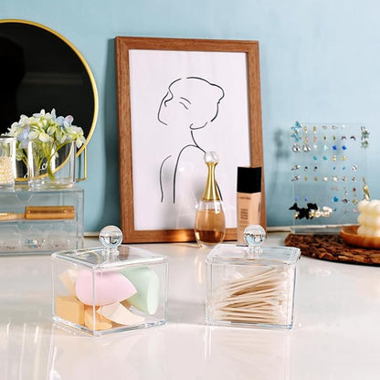 SheeChung Modern Square Qtip Holder Acrylic Bathroom Vanity Countertop Storage Organizer Canister Jar for Cotton Swabs, Rounds, Balls, Makeup Sponges, Bath Salts - 1 Pack - Clear