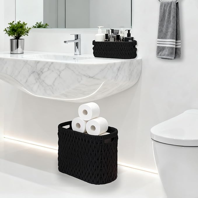 Boho Toilet Paper Storage Baskets, Cotton Rope Woven Bathroom Basket Set of 2, Standing Toilet Paper Holder for 6 Mega Rolls,Storage Bins for Toilet Tank Top, Bathroom Organizer Decor (Black 2 Pack)