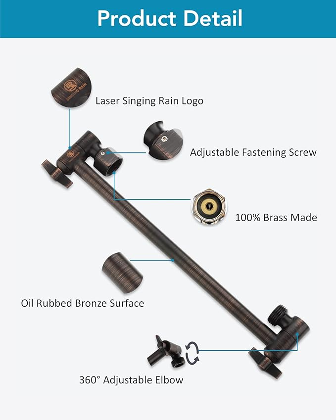 11 Inch Adjustable Shower Head Extension Arm With Locking Set Screw, Singing Rain Brass Angle Height Adjustable, Easy To Install, G1/2 Universal Connector Compatible (Oil Rubber Bronze)
