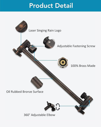 11 Inch Adjustable Shower Head Extension Arm With Locking Set Screw, Singing Rain Brass Angle Height Adjustable, Easy To Install, G1/2 Universal Connector Compatible (Oil Rubber Bronze)