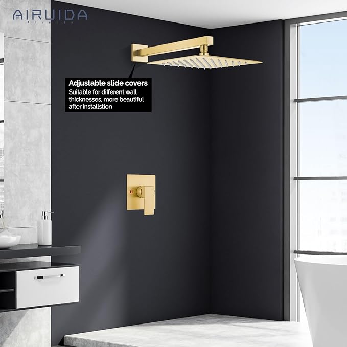 Airuida Shower Faucet Set Bathroom Rain Shower System SUS304 Stainless Steel Single Handle With Male Threads Rough-in Valve Shower Trim Kit 10 Inch Wall Mount Shower Head Brushed Gold