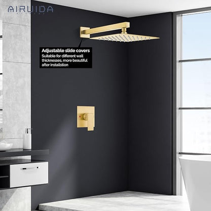 Airuida Shower Faucet Set Bathroom Rain Shower System SUS304 Stainless Steel Single Handle With Male Threads Rough-in Valve Shower Trim Kit 10 Inch Wall Mount Shower Head Brushed Gold