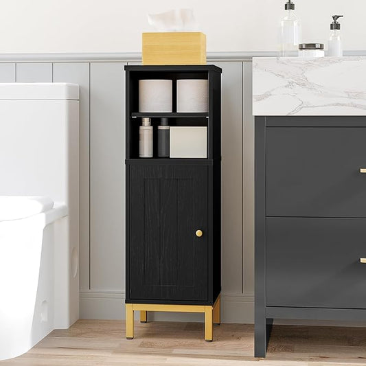 Bathroom Storage Cabinet, Corner Floor Cabinet with Shelves, Customized Door Opening Direction, Bathroom Organizer with Adjustable Shelf for Kitchen, Living, Toilet Paper Cabinet, Black