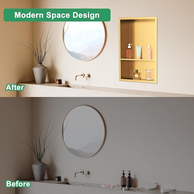 SaniteModar Shower Niche, Stainless Steel Niche for Shower Wall,18" x 12" No Tile Needed,Recessed for Bathroom Storage (Brushed Gold, 18" x 12" Double)