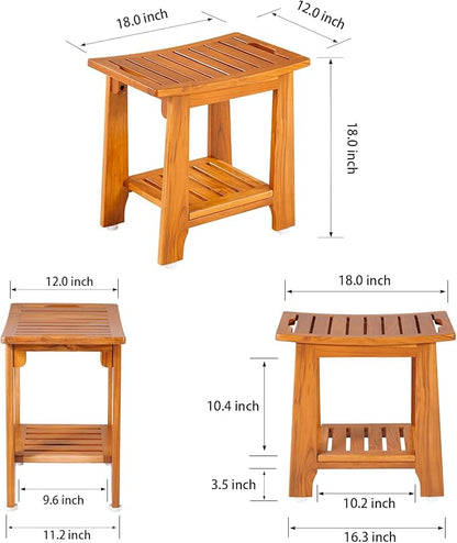 18" Standard Teak Shower Bench with Shelf & Handle - Waterproof, Non-Slip Bath Stool, 300 lbs Capacity - Fits Standard Tubs/Showers & Outdoor Use (Patented)