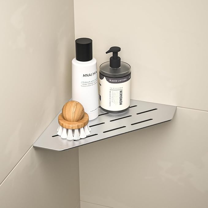 Corner Shower Shelf, 304 Stainless Steel Pentagonal Heavy Duty Floating Corner Sheves Slot Design Recessed Bathroom Shelf for Tiled Wall 2 Pack(Brushed, 8"-2 Pack)