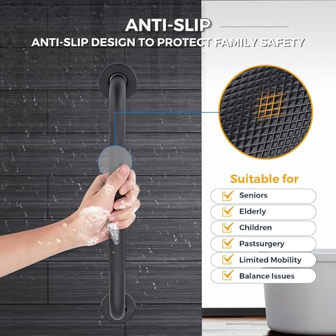 Grab Bars for Shower, 1 Pack 12-Inch Anti Slip Shower Handles for Elderly, Safety Shower Grab Bar, Stainless Steel Handicap Grab Bars for Bathroom (Black 1" Diameter)